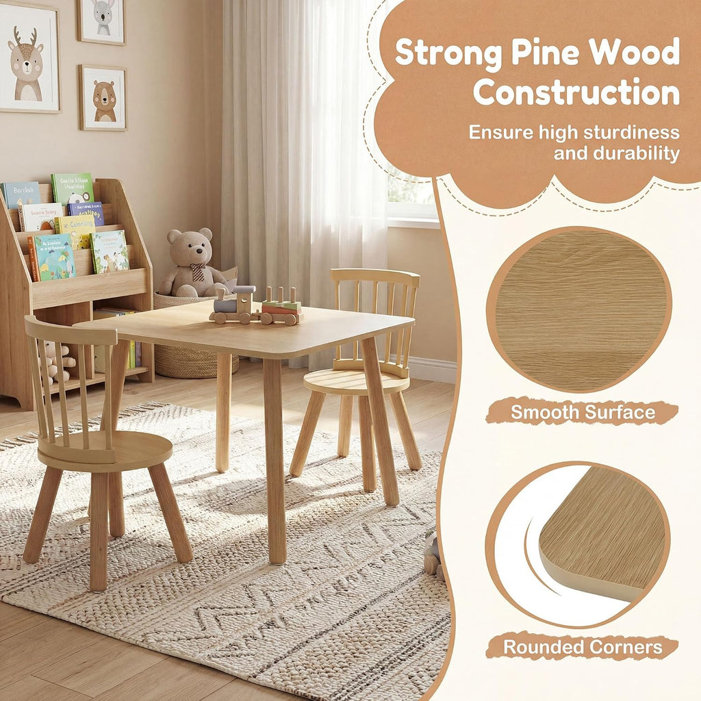 Costzon Kids Table and Chairs, 3 PCS Wooden Desk Set for Toddlers (Natural) | Pine Wood Frame, 2 Rounded Chairs, Nursery Children's Room Furniture for Arts, Crafts, Reading, Eating