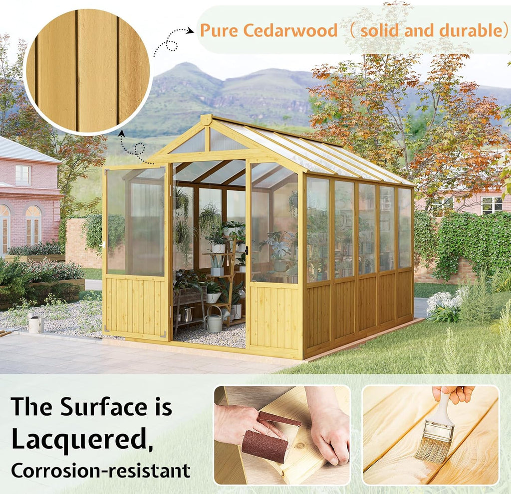 Jocisland 6x8x6.5 Ft Wooden Greenhouse, Pre-Assembled Solid Cedar Frame, Walk-in Design, Lockable Door, Adjustable Roof Vents, Polycarbonate Panels for Outdoor, Garden, Backyard