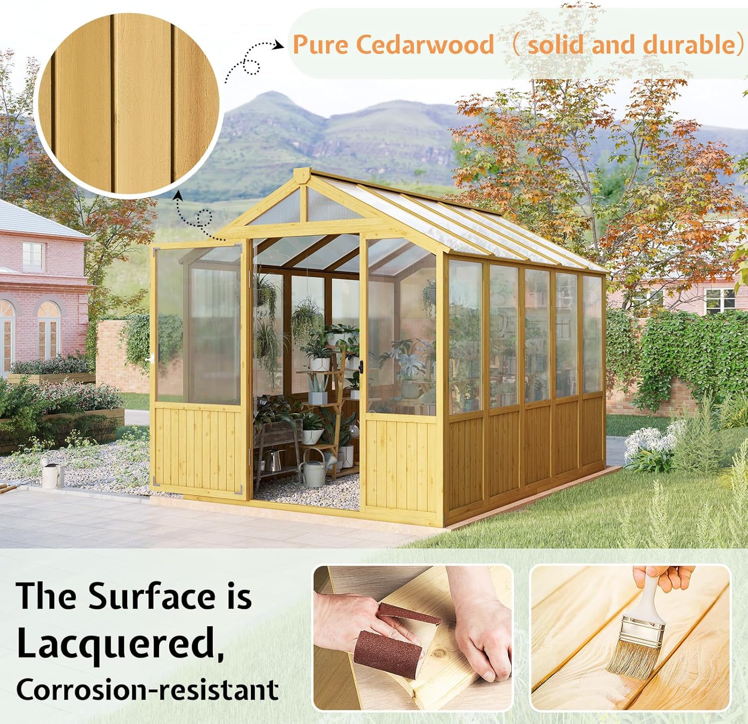 Jocisland 6x8x6.5 Ft Wooden Greenhouse, Pre-Assembled Solid Cedar Frame, Walk-in Design, Lockable Door, Adjustable Roof Vents, Polycarbonate Panels for Outdoor, Garden, Backyard