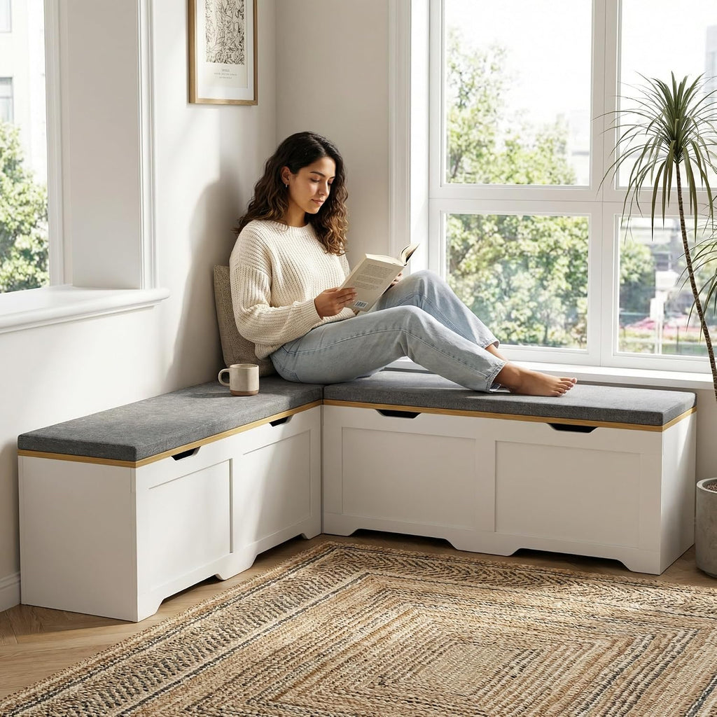 L-Shape Storage Bench with Cushion, 3-Pcs Large Capacity Entryway Chest Corner Seating Bench, Modern Modular Organizer Box for Kitchen, Living Room, Dining Room, Bedroom (White & Wood)