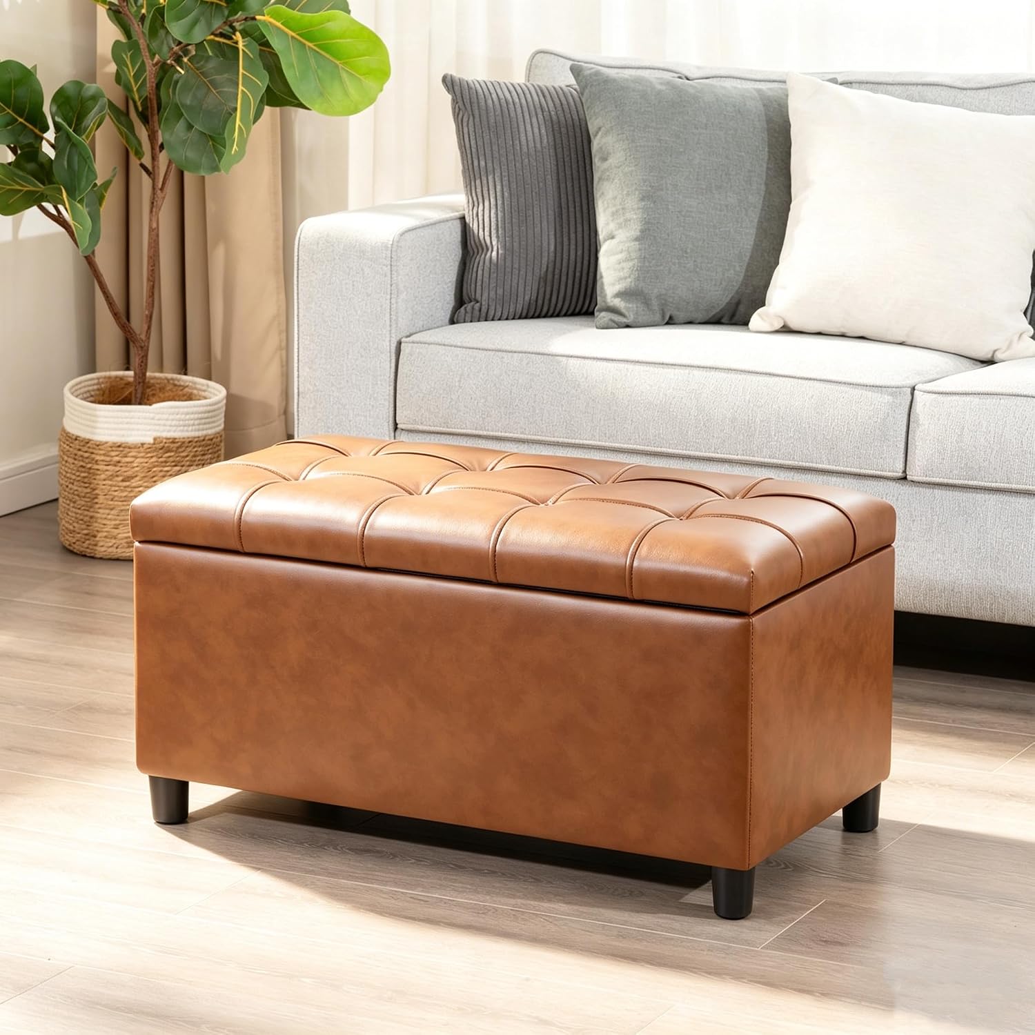 Asense Storage Ottoman Bench,Faux Leather Upholstered Ottoman with Storage,End of Bed Bench with Safety Hinge,for Entryway,Bedroom,Living Room