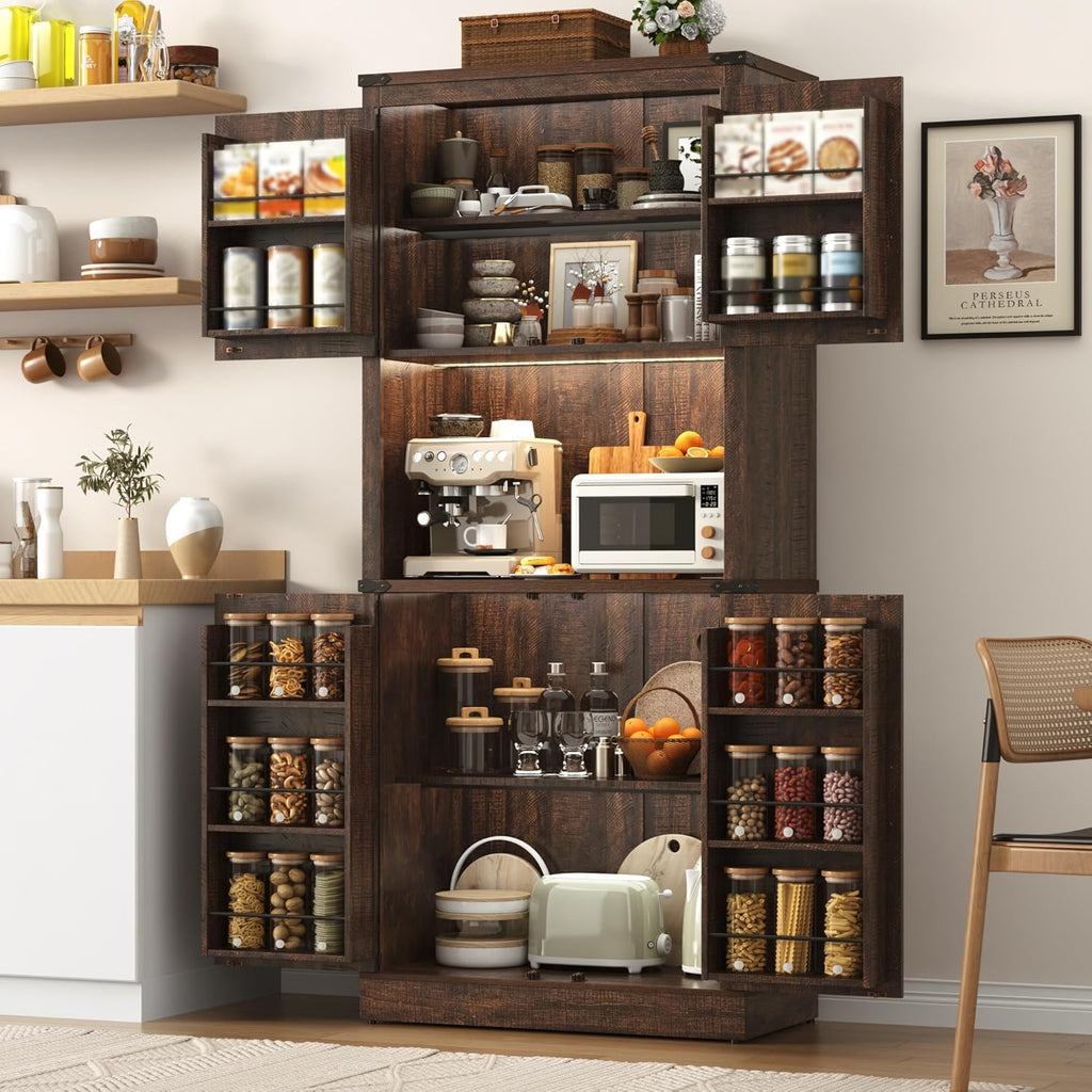 72" Tall Farmhouse Kitchen Pantry Cabinet with LED Light and Power Outlet,Modern Farmhouse Kitchen Storage Cabinet w Load-Bearing Steel Pipe,Barn Doors, Organizer,Food Pantry Cabinets(Rustic Brown)
