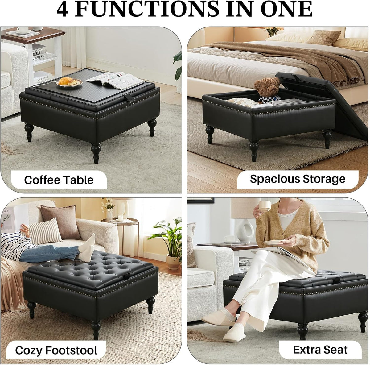 Storage Ottoman Coffee Table, Large Ottoman with Storage Oversized Square Footstool with Anti-Slip Embedded Lid, Tufted Upholstered Ottomans for Living Room, Black Faux Leather