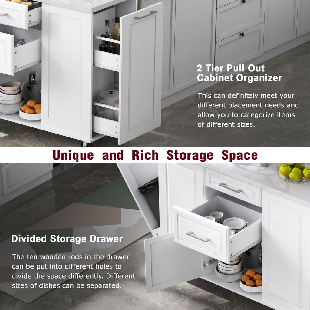 50.7" Kitchen Island with Drop Leaf Storage for Trash Can White