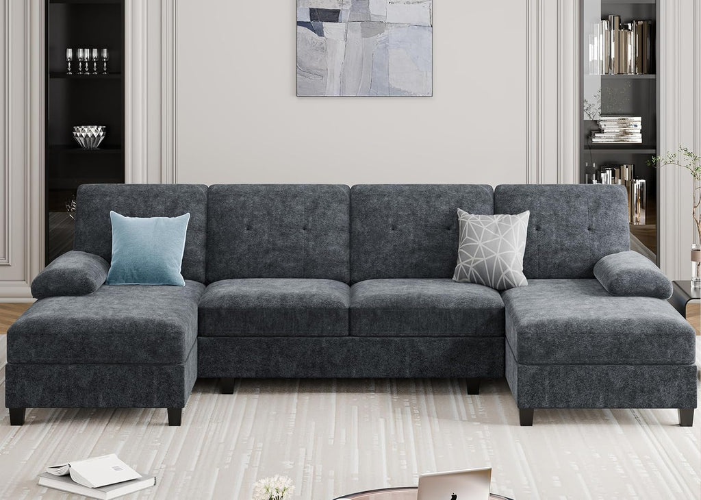 Sectional Couches for Living Room, U Shaped Couch 4 Seat Sectional Sofa with Chaise and Armrests, Comfortable Fabric Sofa for Apartment (Grey)