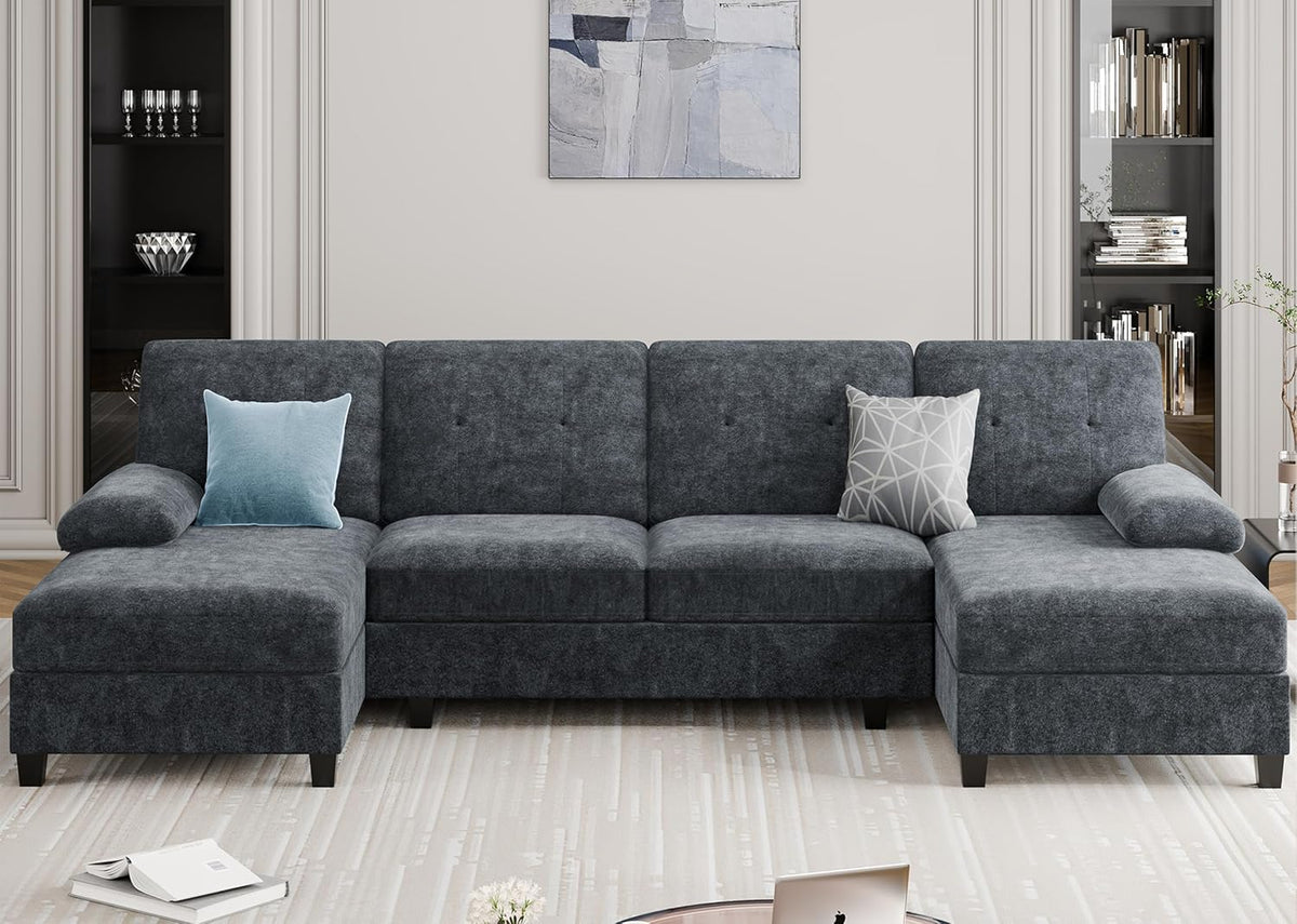 Sectional Couches for Living Room, U Shaped Couch 4 Seat Sectional Sofa with Chaise and Armrests, Comfortable Fabric Sofa for Apartment (Grey)
