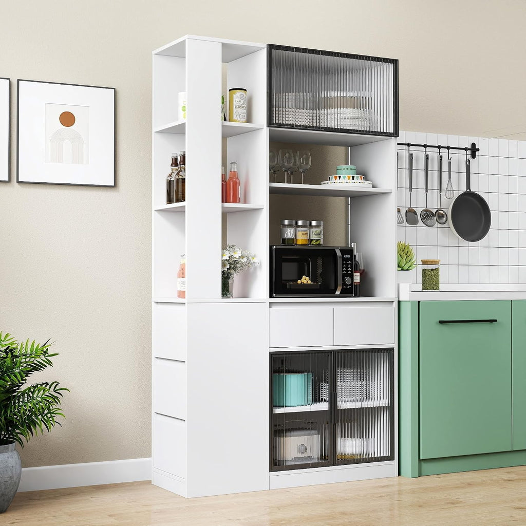 Modern 70.87" Tall Storage Cabinet with 5 Drawers, Glass Doors and Display Shelves, Freestanding Kitchen Pantry Cabinet with Microwave Space for Living Room, Dining Room, Hallway, White