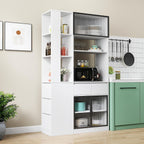 Modern 70.87" Tall Storage Cabinet with 5 Drawers, Glass Doors and Display Shelves, Freestanding Kitchen Pantry Cabinet with Microwave Space for Living Room, Dining Room, Hallway, White