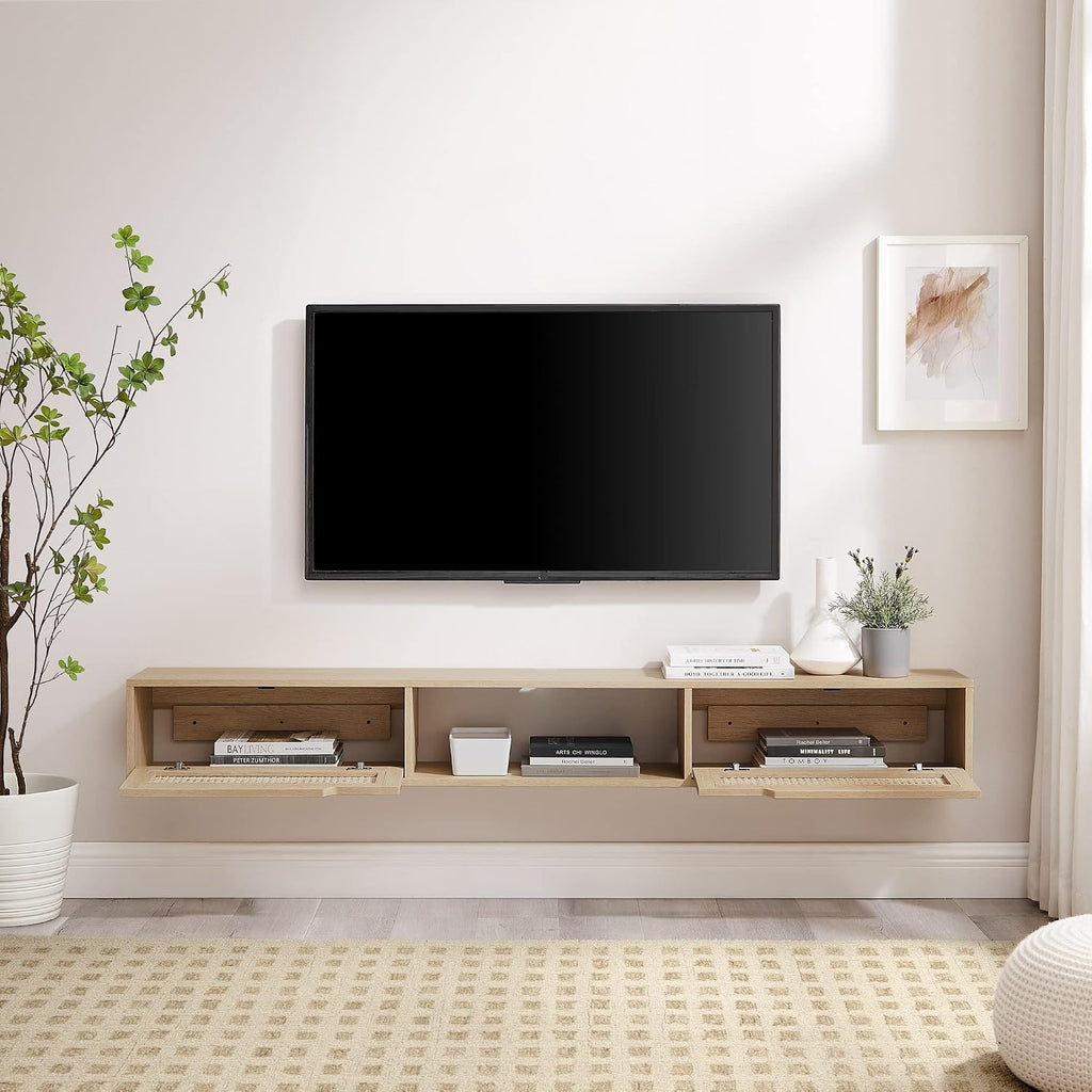 Walker Edison Destin Modern Rattan Flip-Down-Door Wall-Mounted Floating TV Stand for TVs up to 80 Inches, 70 Inch, Coastal Oak