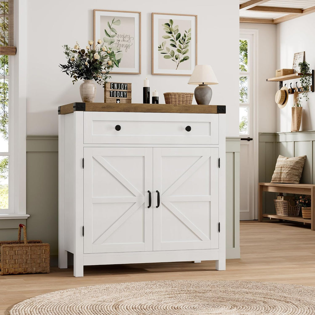 HOSTACK 31.5"W Kitchen Storage Cabinet, Farmhouse Coffee Bar Cabinet, White | Small Buffet Cabinet with Doors & Wide Drawer, Wood Sideboard Buffet, Entry Table w/ Adjustable Shelf for Dining Living Room