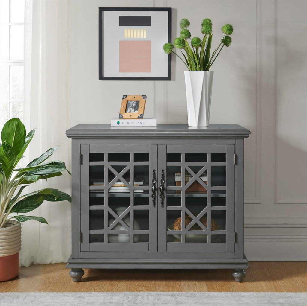 Martin Svensson Home Elegant Small Spaces Accent Cabinet, Gray | Solid Wood, Glass Doors, Vintage Sideboard, Small TV Stand for Living Room or Entryway, Turned Bun Feet, Adjustable Shelf