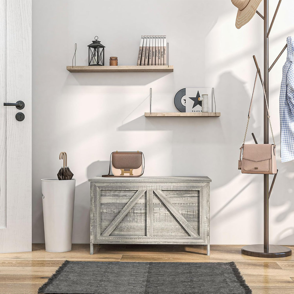 HOMCOM 30" Farmhouse Storage Bench Lift Top Storage Chest in Light Gray | Safety Hinge, Open Up 100°, Wooden Trunk, Bedroom, Entryway, Living Room