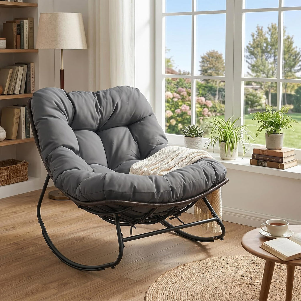 Tangkula Outdoor Papasan Rocking Chair, Oversized Egg-Shaped Rocker with Thick Cushioned Seat, Heavy Duty Metal & Weather-Resistant Wicker Frame, Non-Slip Pads for Patio, Balcony, Garden (Gray)