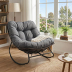 Tangkula Outdoor Papasan Rocking Chair, Oversized Egg-Shaped Rocker with Thick Cushioned Seat, Heavy Duty Metal & Weather-Resistant Wicker Frame, Non-Slip Pads for Patio, Balcony, Garden (Gray)
