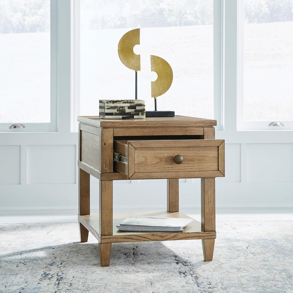 Signature Design by Ashley Sharlance End Table with Drawer, Built-in USB-A & USB-C Charging Ports, Hardwood and Hickory Veneer Side Table for Living Rooms, Light Brown, 20'' W x 26'' D x 24'' H