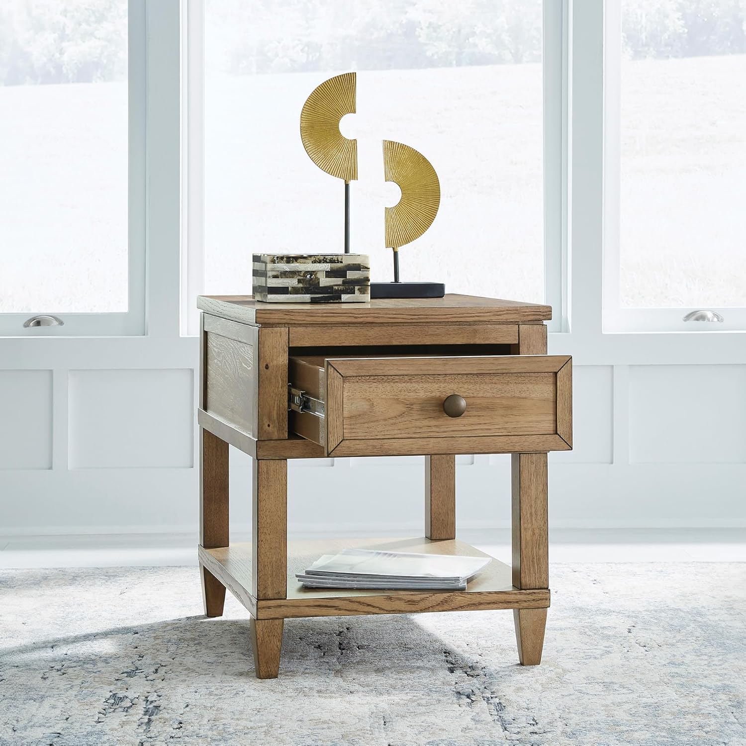 Signature Design by Ashley Sharlance End Table with Drawer, Built-in USB-A & USB-C Charging Ports, Hardwood and Hickory Veneer Side Table for Living Rooms, Light Brown, 20'' W x 26'' D x 24'' H