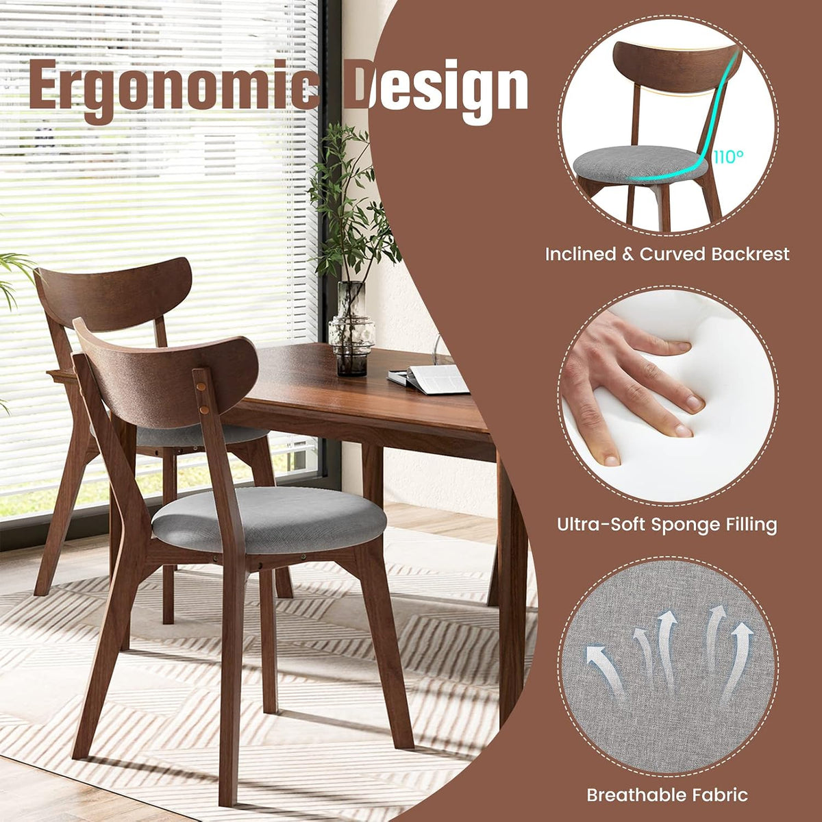 KOTEK Dining Chairs Set of 2 with Rubber Wood Legs | Mid Century Modern Kitchen Chairs with Cushioned Seat, Curved Backrest, Wooden Side Chairs for Dining Room, Living Room