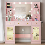 HUANLEGO Large Makeup Vanity Desk with Mirror and Lights, Pink