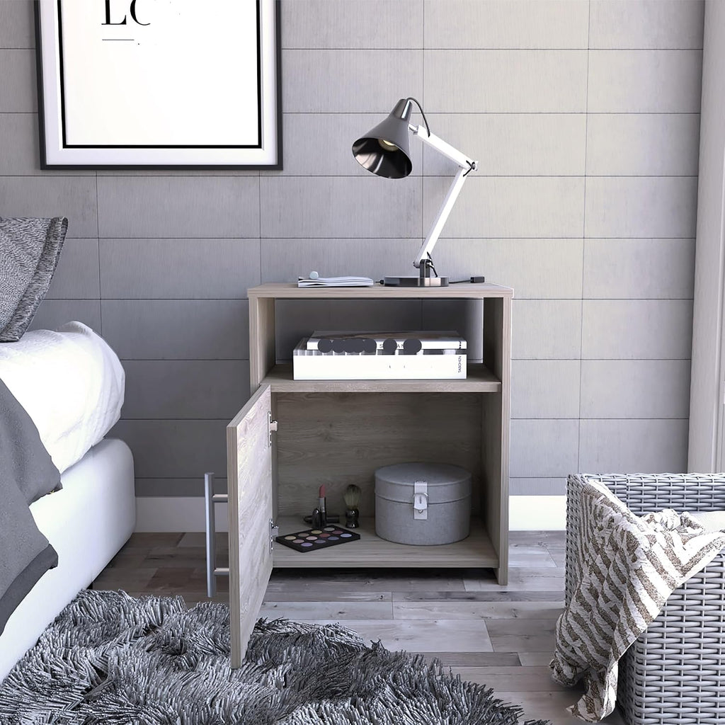Nightstand, End Table, Side Table One Shelf, Single Door Cabinet, Metal Handle -Light Gray,for Small Spaces
