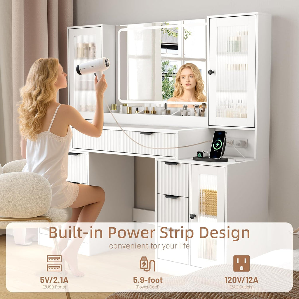 55" Vanity Desk with Mirror & Lights, Fluted Makeup Vanity with 8 Drawers & 4 Cabinets, Tempered Glass Top, RGB Cabinet Lighting, 3-Color Dimmable Mirror, and Charging Station