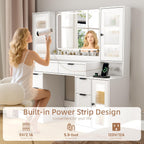 55" Vanity Desk with Mirror & Lights, Fluted Makeup Vanity with 8 Drawers & 4 Cabinets, Tempered Glass Top, RGB Cabinet Lighting, 3-Color Dimmable Mirror, and Charging Station