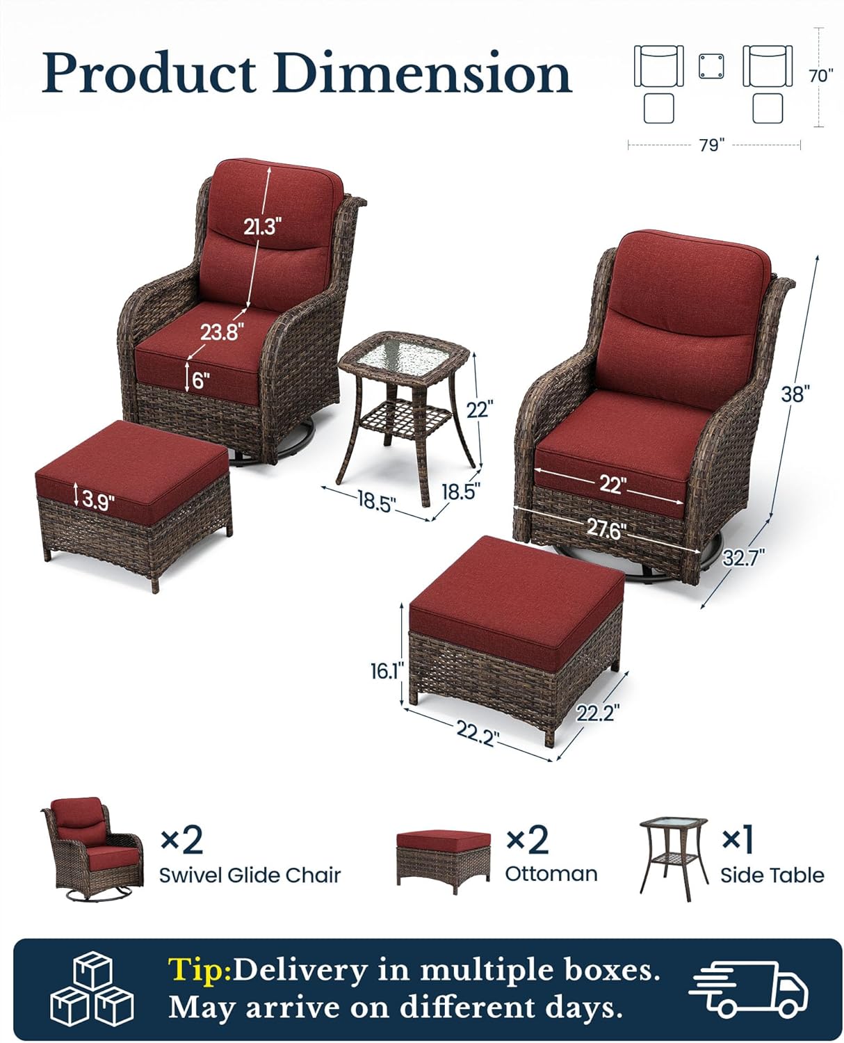HILLGA Luxury 5 PCS Outdoor Swivel Rocker Patio Chairs of 2 with Side Table | 6 Inch Thick Cushions, All Weather Outdoor Chairs High Back Wicker Patio Furniture Set for Porch and Deck, Burgundy