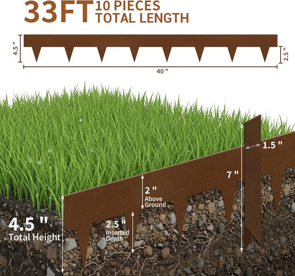 Worth Garden 33ft. Galvanized Steel Landscape Edging - 10-Pack 40" Metal Edging for Landscaping with 11 Stakes, Bronze Powder Coating Hammer-in Lawn Edging for Yard Pathway Divider