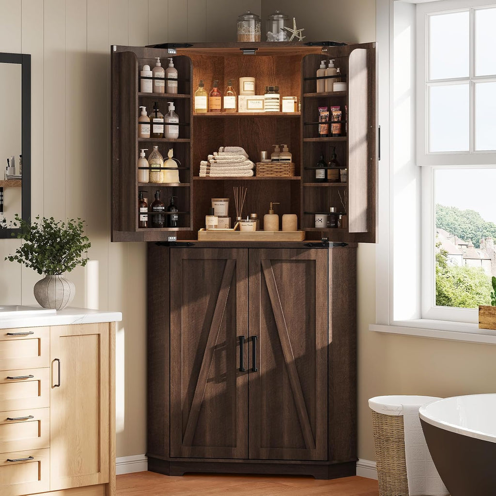 Dripex 71" Corner Cabinet Brown, Farmhouse Kitchen Pantry Cabinet with Doors Storage & Adjustable Shelves, Tall Corner Storage Cabinet with LED Light, Food Pantry for Living Room, Dining Room