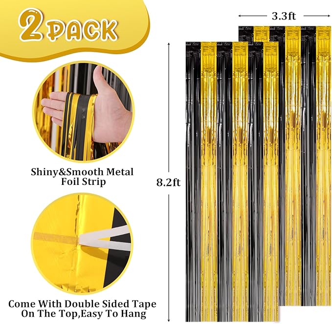 2 Pack Black and Gold Foil Fringe Backdrop Curtains, Tinsel Streamers Birthday Party Decorations, Fringe Backdrop for Graduation, Baby Shower, Gender Reveal, Disco Party