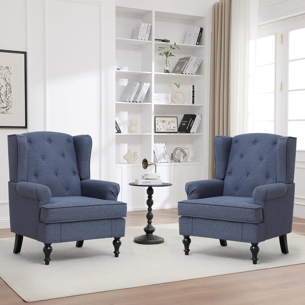 Accent Chair Set of 2, Mid Century Modern Fabric Wingback Chair, Upholstered Armchair with High Back and Vintage Legs, Comfy Single Sofa Side Reading Chair for Living Room Bedroom, Blue