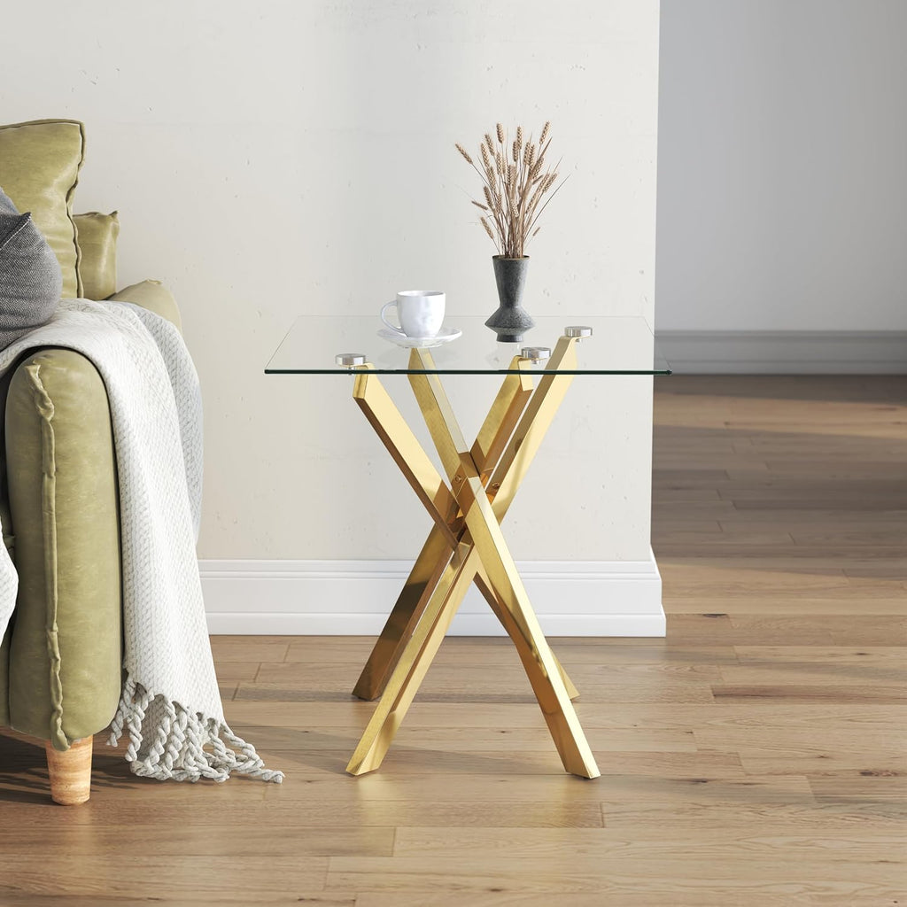 Small Side Table with Chromed Legs, Tempered Glass Square Modern End Table Sofa Table for Living Room Home Office (1, Gold, 20"×20"×22")