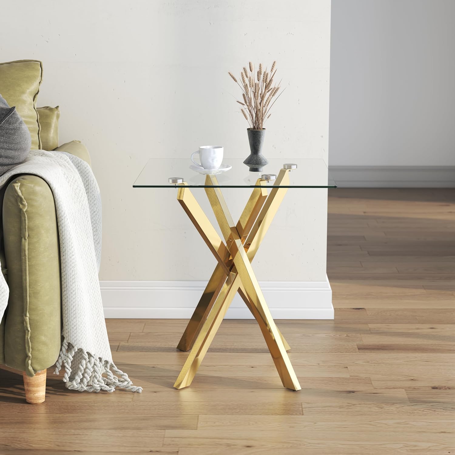 Small Side Table with Chromed Legs, Tempered Glass Square Modern End Table Sofa Table for Living Room Home Office (1, Gold, 20"×20"×22")
