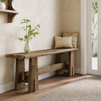 LITTLE TREE 59" Solid Wood Bench, Farmhouse Entryway Bench, Long Retro Bench for End of Bed, Dining Room, Entryway, Hallway, Living Room, Bedroom, Kitchen, Sturdy Frame Design, Rustic Brown