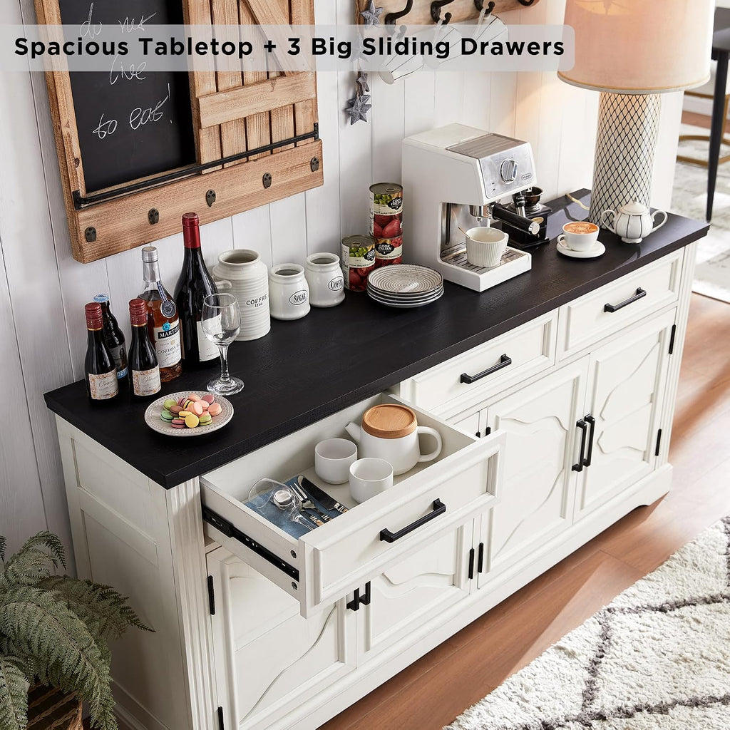 JXQTLINGMU 66" Farmhouse Buffet Cabinet with Storage, Sideboard Credenza, Carved Cloud-Inspired Doors, 3 Drawers & Adjustable Shelves, Coffee Bar Cabinet, Off White