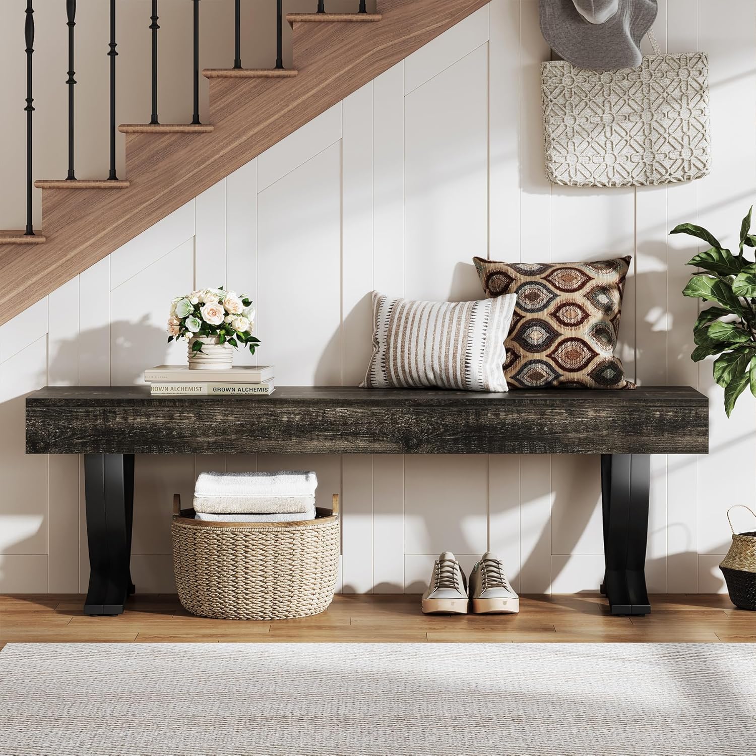 Tribesigns Entryway Shoe Bench, 55-Inch Wooden Shoe Bench with Metal X-Shaped Legs, Industrial Long End of Bed Stool with Seating for Living Room, Bedroom, Hallway, Porch (Oak & Black)