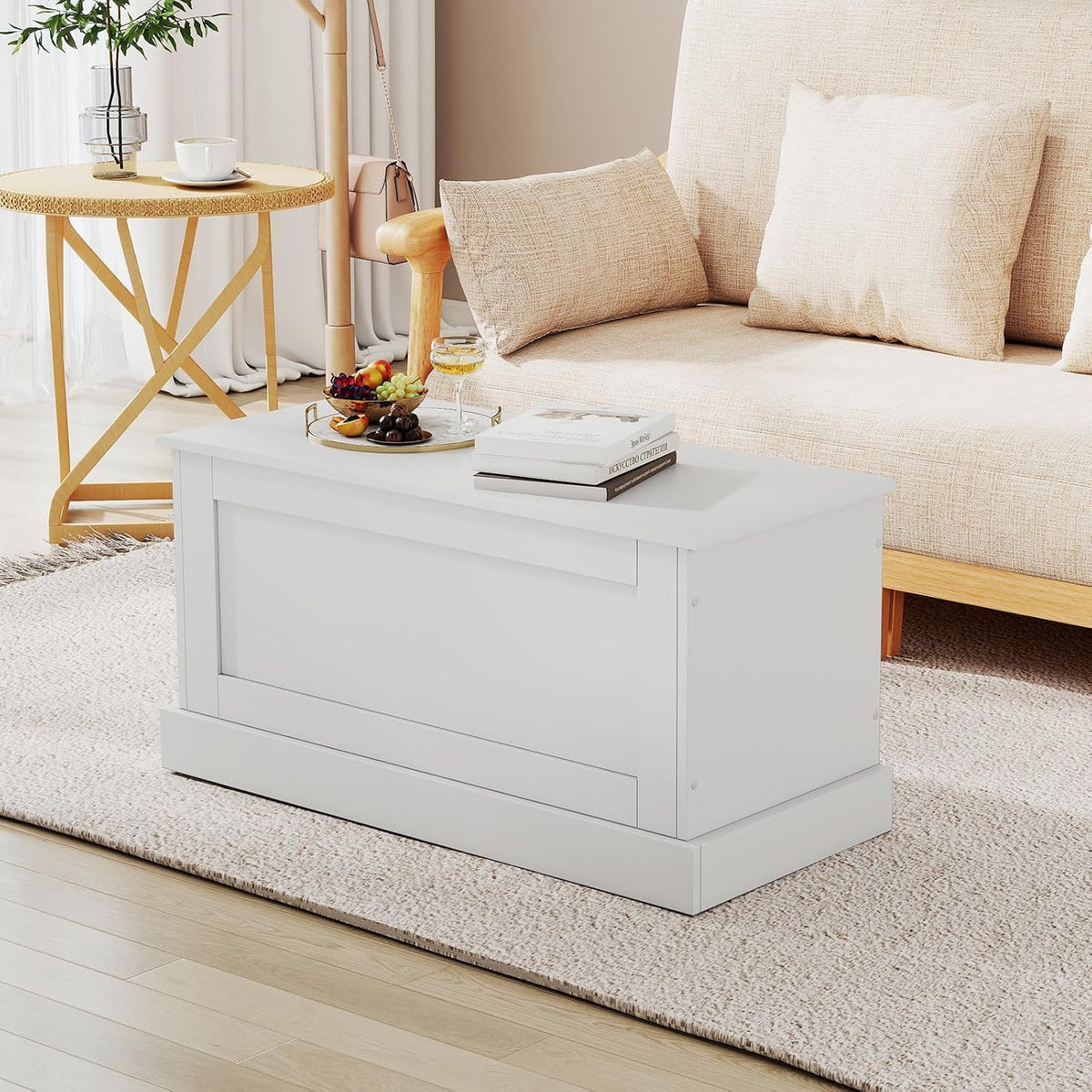 LOKO 35.5-inch Wooden Storage Bench, Lift Top Storage Box (White) | Large Storage Chest | Farmhouse Storage Trunk | Metal Hinges | Safety Hydraulic Strut | For Living Room, Bedroom, Entryway