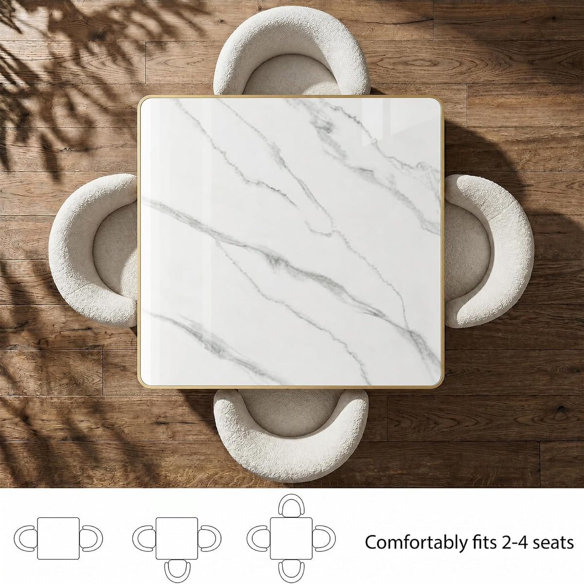 31.5" Square Dining Table, Square Restaurant Table with 1.2" Thick Sintered Stone Tabletop and Golden Metal Pedestal Base, Bistro Table for Diner, Bar, kitchen, Bakery, Apartment (Marble White)