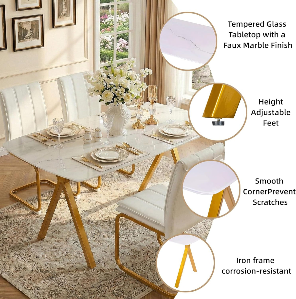 51.2 Inch Faux Marble Dining Table,Rectangular Glass Dining Table for 4-6,White Dining Room Table with Tempered Glass Tabletop and Golden Metal Legs,Luxury Dinner Table for Kitchen Apartment