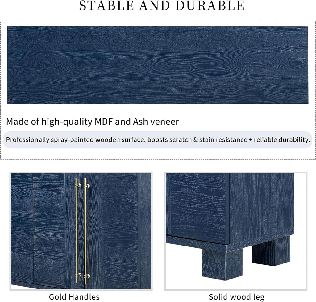 Modern Sideboard Cabinet 60-Inch Wood Console Storage Cabinet Credenza Dining Buffet Table with 4 Doors and Adjustable Shelves for Living Room Entryway, Navy Blue