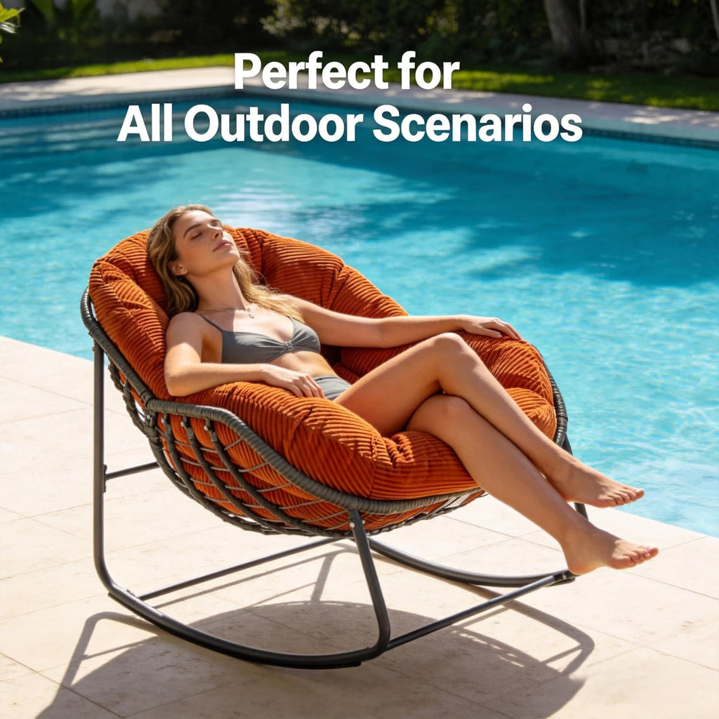 Oversized Outdoor Papasan Rocking Chair with Soft Cushion, Comfy Patio Egg Chair, Wicker Lounge Rocker for Balcony/Porch/Garden, Reinforced All Weather Rattan Frame, 330 lbs Support, Burnt Orange