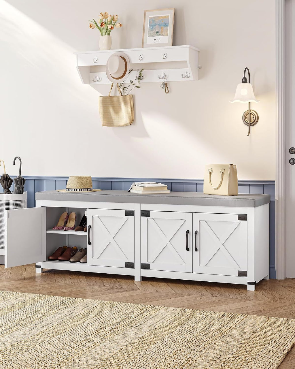 Hzuaneri 59" Shoe Storage Bench, with Soft Padded Seat Cushion & Doors | 2 Tier Entryway Storage Bench with Adjustable Shelf, Farmhouse Shoe Cabinet for Living room, Bedroom, White SB31503GY