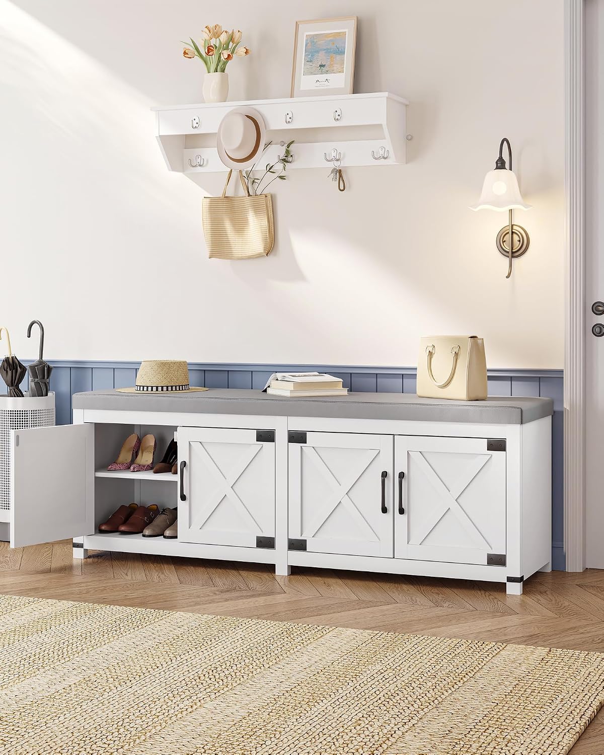 Hzuaneri 59" Shoe Storage Bench, with Soft Padded Seat Cushion & Doors | 2 Tier Entryway Storage Bench with Adjustable Shelf, Farmhouse Shoe Cabinet for Living room, Bedroom, White SB31503GY