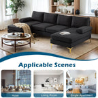 VINGLI 110" Modern Sectional Couch with 51" D Double Chaise, Black Deep Seat U Shaped Couch with Removable Pillows & Metal Legs, Comfy 4-Seat Sofas for Living Room, Linen Fabric