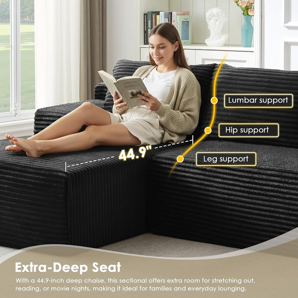 Modular Sectional Sofa Couches, 96" L-Shaped Cloud Couch with Left Chaise Lounge & Side Pockets for Living Room | No Assembly Required | Corduroy Fabric, Black