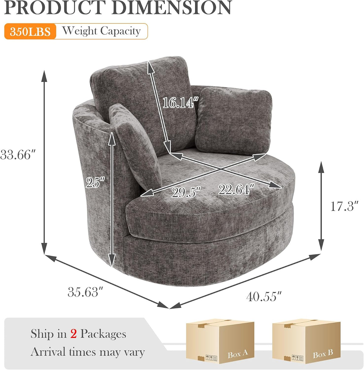 Aoiy & Wifon 40.55'' W Swivel Accent Chair, Round Arm Barrel Chair with 3 Pillows for Living Room/Bedroom/Apartment, Chenille, Gray