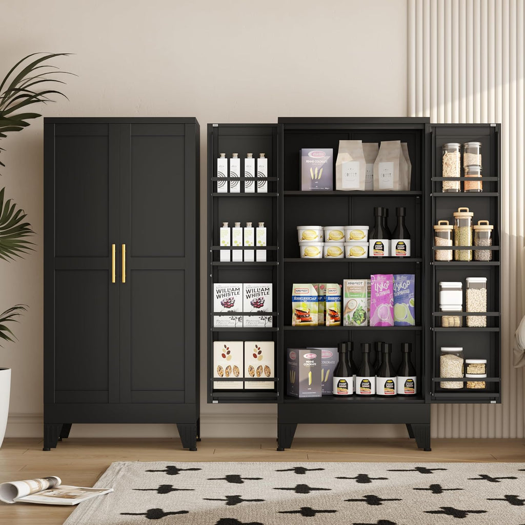 PAOFIN 47" Kitchen Pantry Cabinet, Metal Storage Cabinet with 3 Adjustable Layer Shelves, 8 Door Shelves, Buffet Sideboard for Living Room, Kitchen, Black