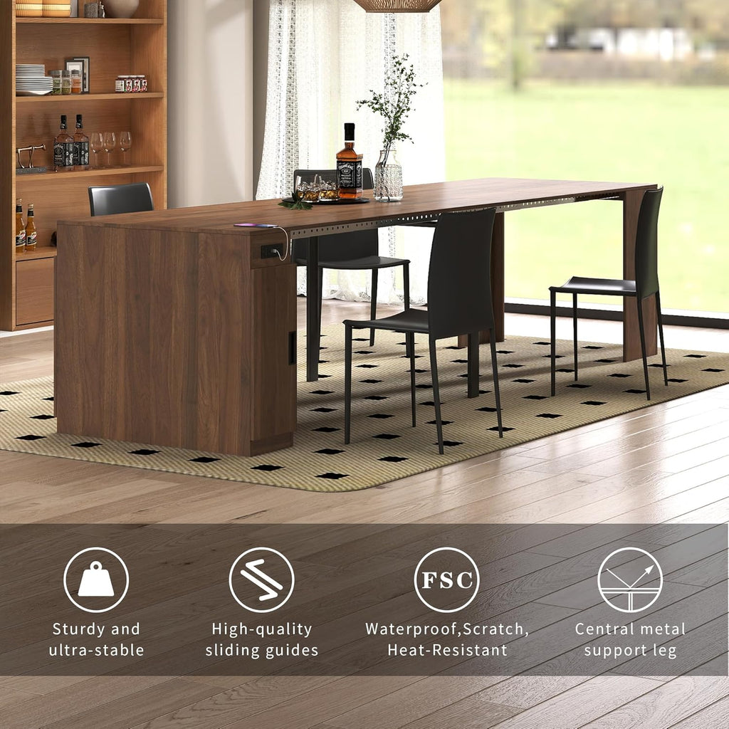 Transforming Table Extender for Dining Table, Pull Out Table, Transformer Console with Storage & Built-in Outlet, Folding Dining Table for 12, Walnut Black