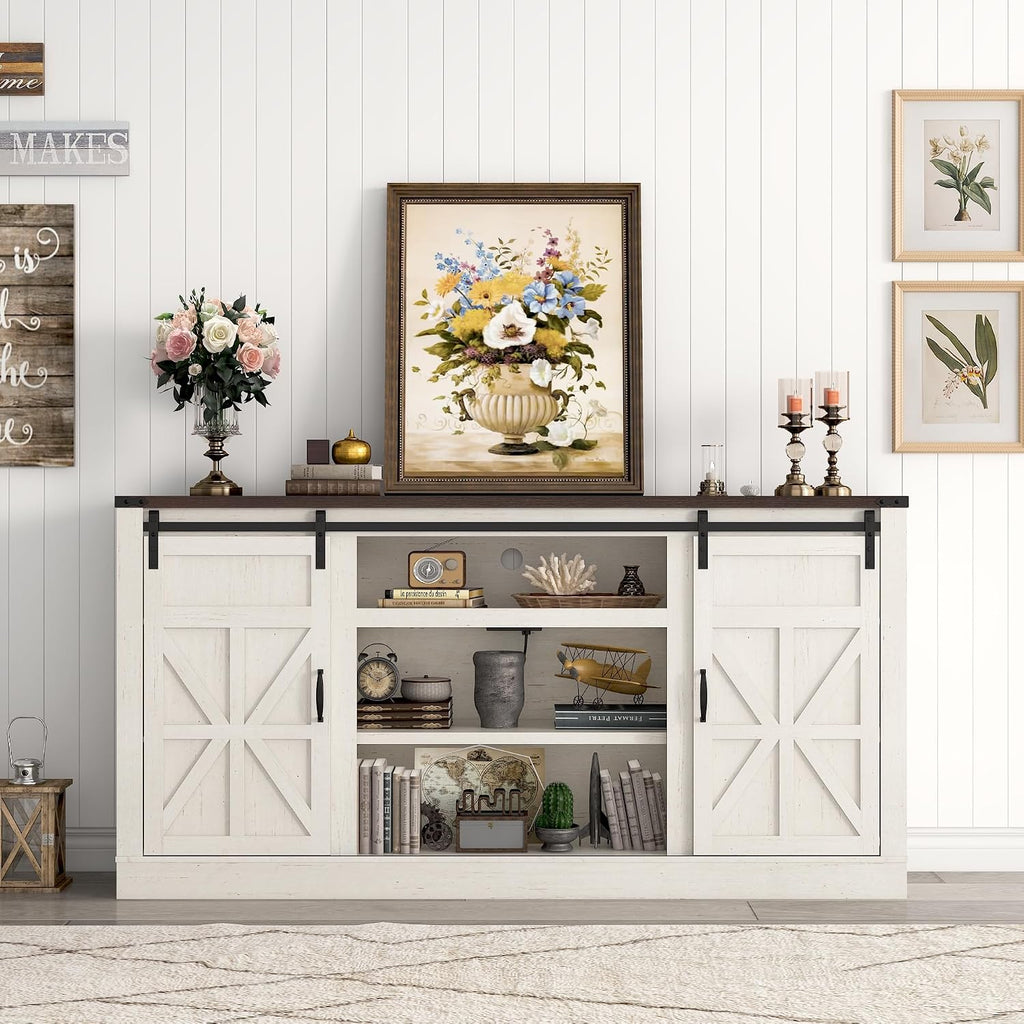 Hlivelood 66" Farmhouse TV Stand for 75 Inch TV, 33" Tall Entertainment Center with Power Outlets & Sliding Barn Door, Wood TV Stand with Storage, TV Media Console for Living Room, Antique White