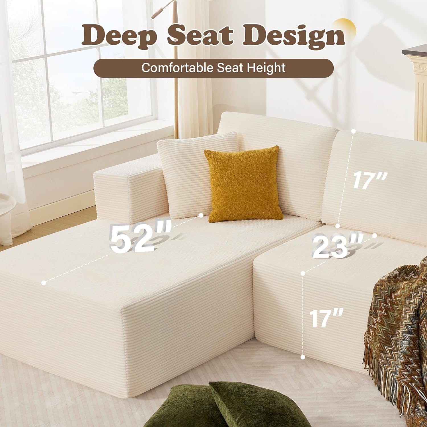 109” Cloud Sectional Couch, Modular Sofa with L-Shape Chaise, Deep Seat Corduroy Couch, No Assembly Required, Modern Upholstered Sectional for Living Room Apartment Bedroom