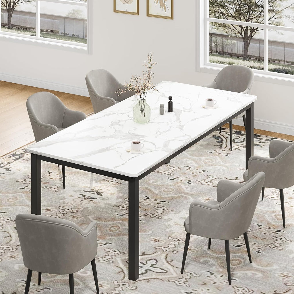 Garvee 79 Inch Dining Table for 6, Farmhouse Wooden Kitchen Tables for Family, Rectangular Industrial Style Dining Room Table with Sturdy Metal Frame, Long Desk for Restaurant, Kitchen, White&Black
